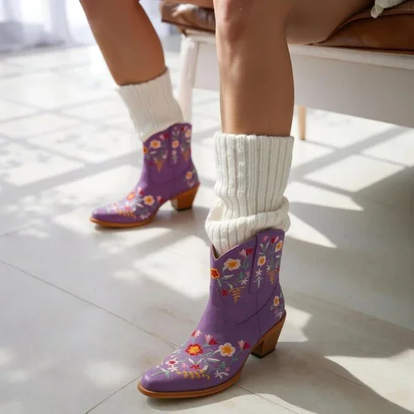 Women's Purple Flower Embroidered Ankle Cowgirl Boots Floral Snip Square Toe - Picture 5 of 6